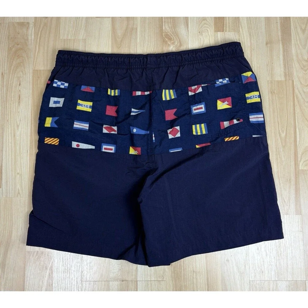 Vintage 90s Flags Graphic Swim Trunks / Shorts / Navy / Size Medium